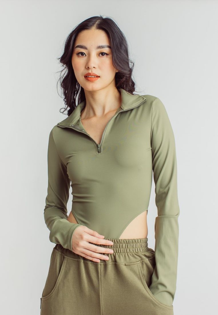 Maxim Green Turtle Neck Zip Up Long Sleeves High Cut Bodysuit