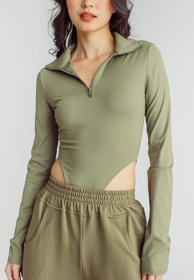 Maxim Green Turtle Neck Zip Up Long Sleeves High Cut Bodysuit