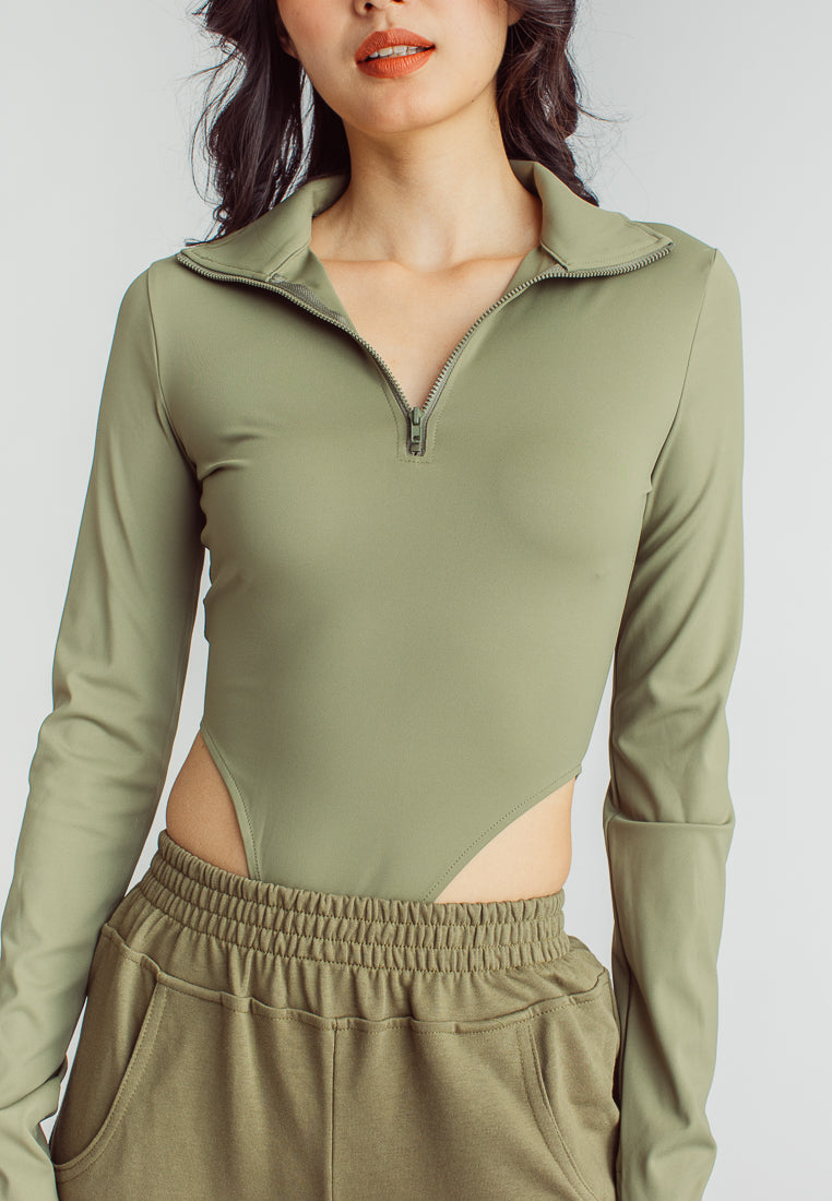 Maxim Green Turtle Neck Zip Up Long Sleeves High Cut Bodysuit