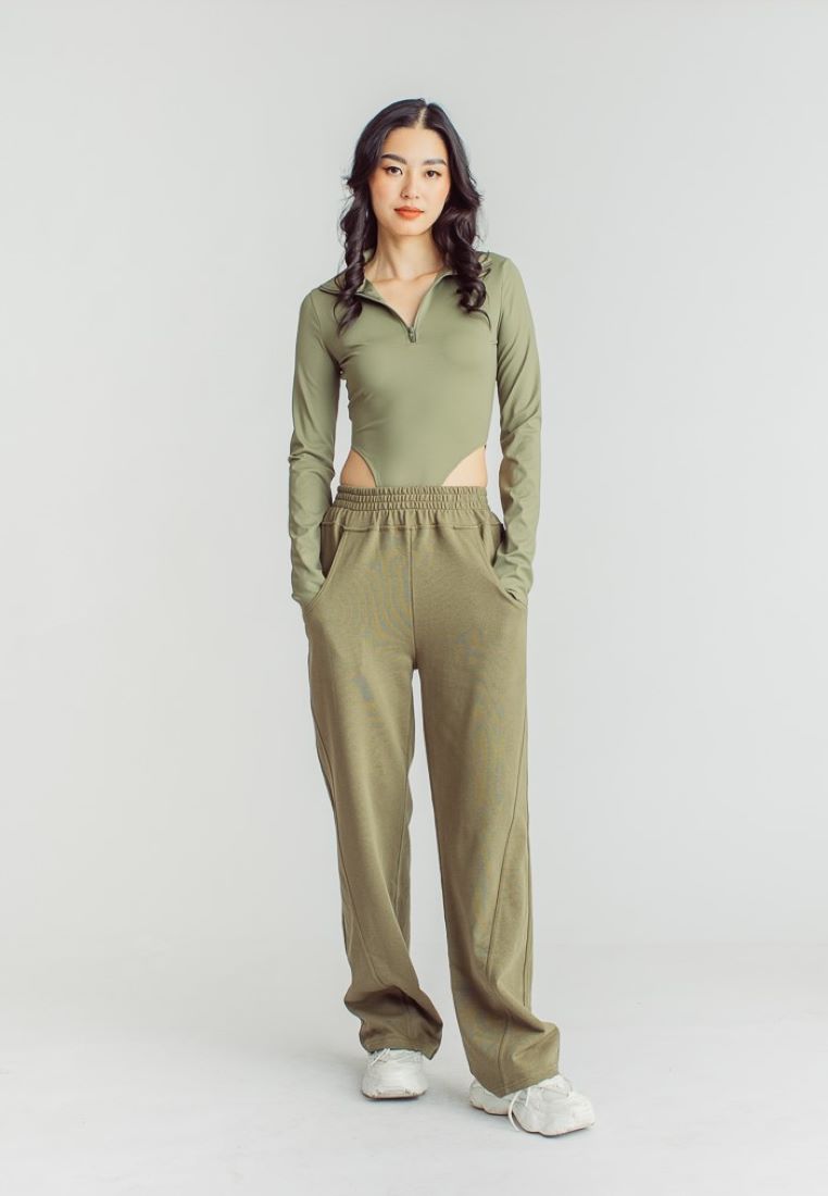 Maxim Green Turtle Neck Zip Up Long Sleeves High Cut Bodysuit