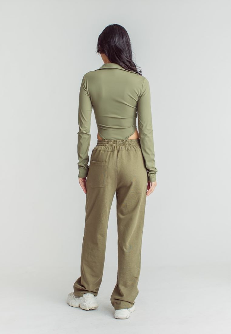 Maxim Green Turtle Neck Zip Up Long Sleeves High Cut Bodysuit