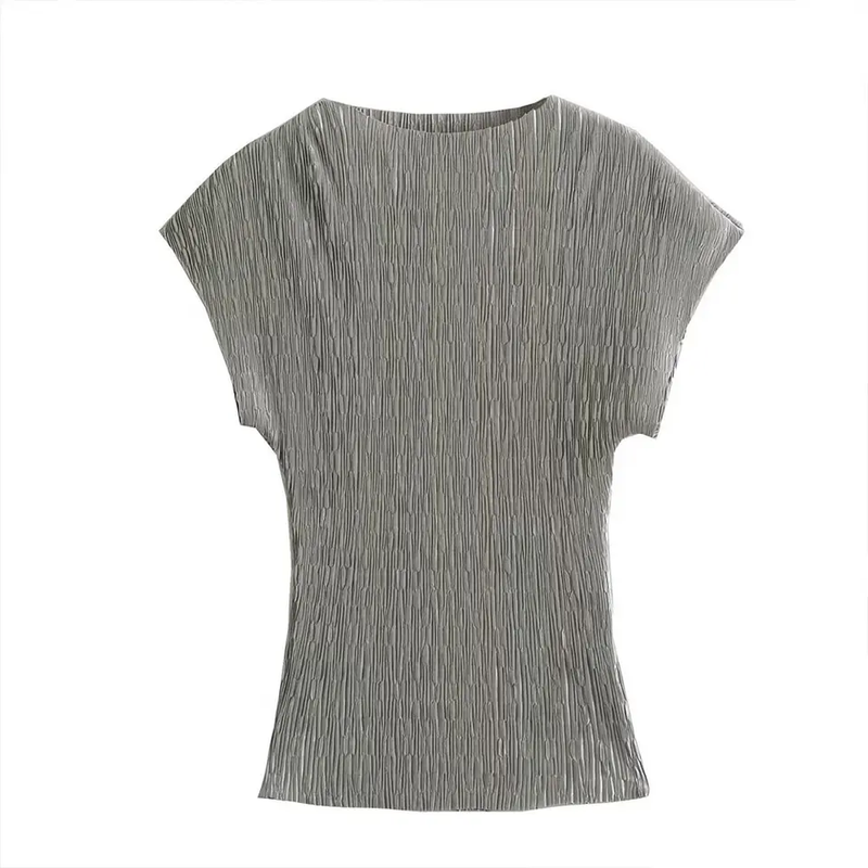 Cocona Grey Seamless Pleated Crew Neck Short Sleeves Top