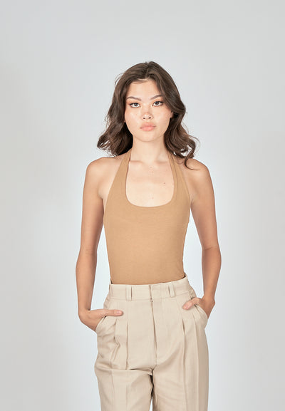 Carla Brown Knitted Scoop Neck Halter Sleeveless Bodysuit