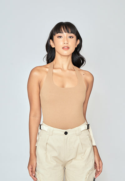Carla Brown Knitted Scoop Neck Halter Sleeveless Bodysuit