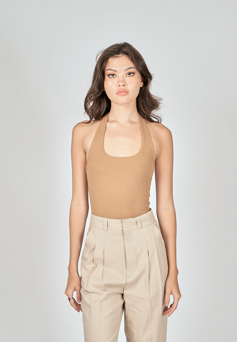 Carla Brown Knitted Scoop Neck Halter Sleeveless Bodysuit