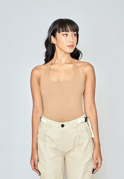 Carla Brown Knitted Scoop Neck Halter Sleeveless Bodysuit