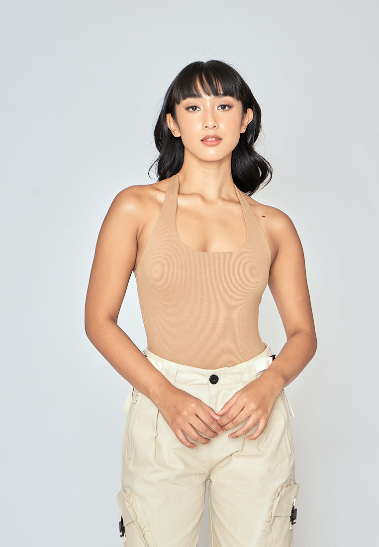 Carla Brown Knitted Scoop Neck Halter Sleeveless Bodysuit