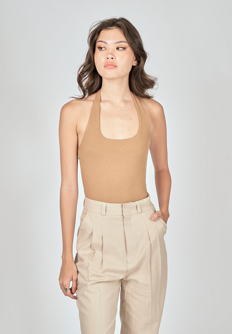 Carla Brown Knitted Scoop Neck Halter Sleeveless Bodysuit
