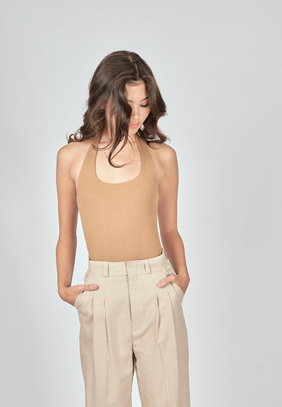 Carla Brown Knitted Scoop Neck Halter Sleeveless Bodysuit