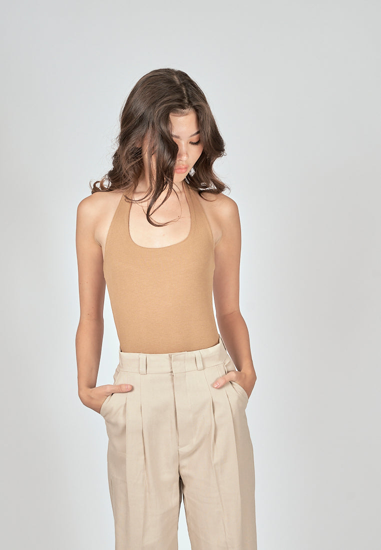 Carla Brown Knitted Scoop Neck Halter Sleeveless Bodysuit