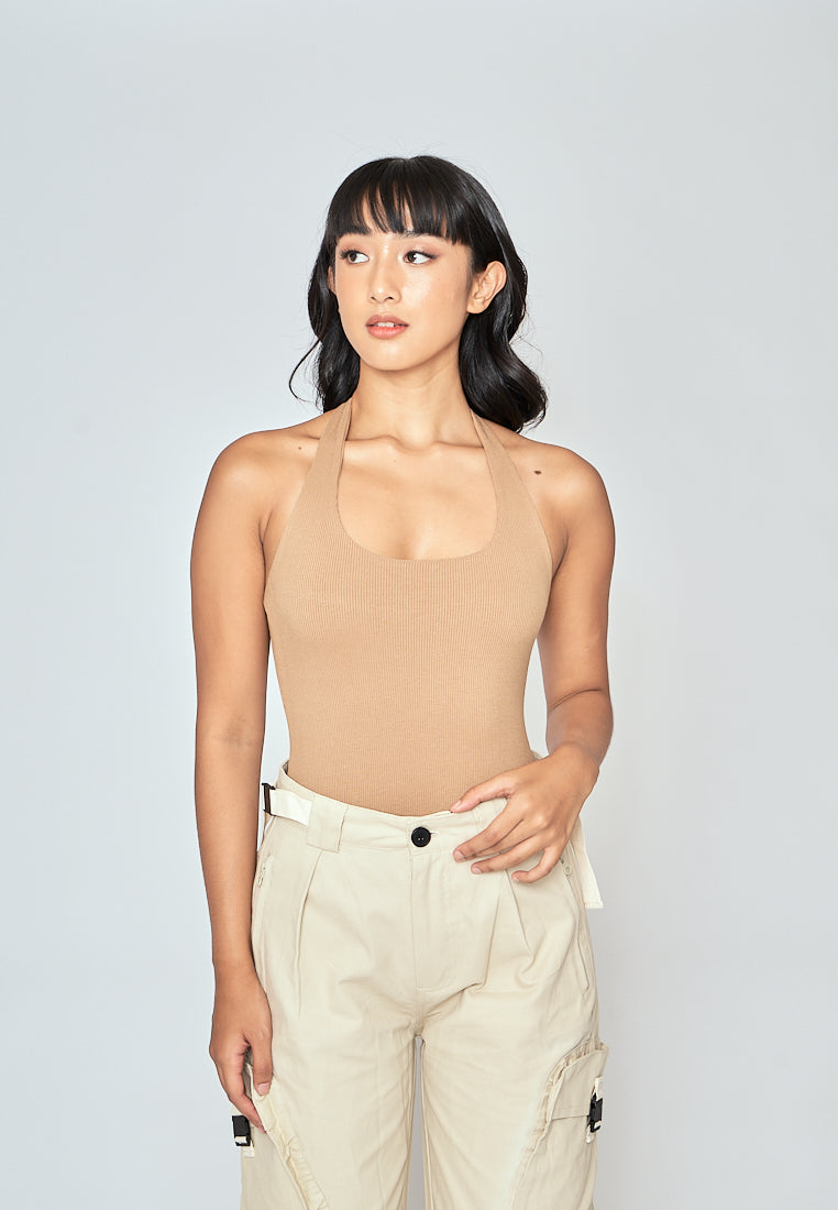 Carla Brown Knitted Scoop Neck Halter Sleeveless Bodysuit