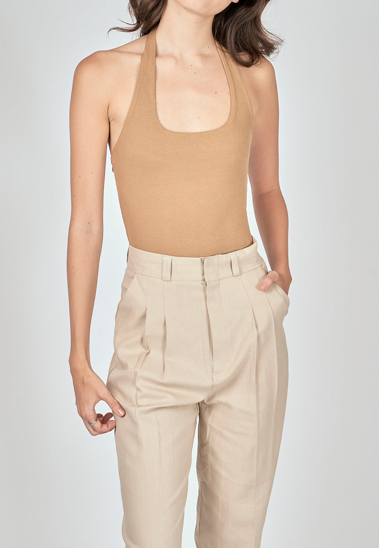Carla Brown Knitted Scoop Neck Halter Sleeveless Bodysuit