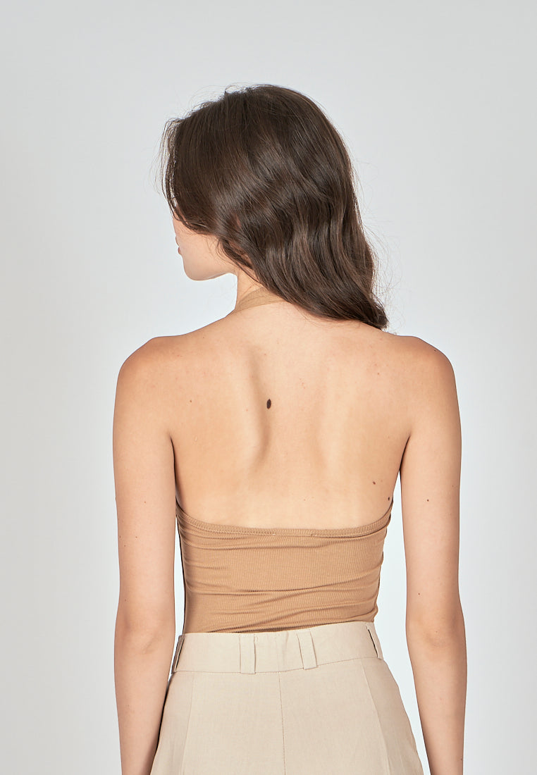Carla Brown Knitted Scoop Neck Halter Sleeveless Bodysuit