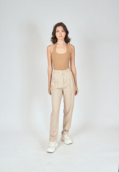 Carla Brown Knitted Scoop Neck Halter Sleeveless Bodysuit