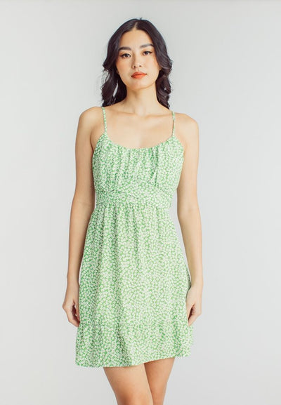 Lalaine Green Floral Print Sleeveless Dainty Mini Dress