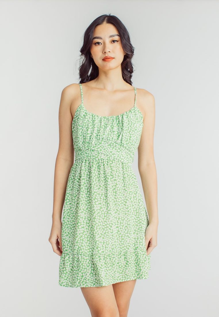 Lalaine Green Floral Print Sleeveless Dainty Mini Dress