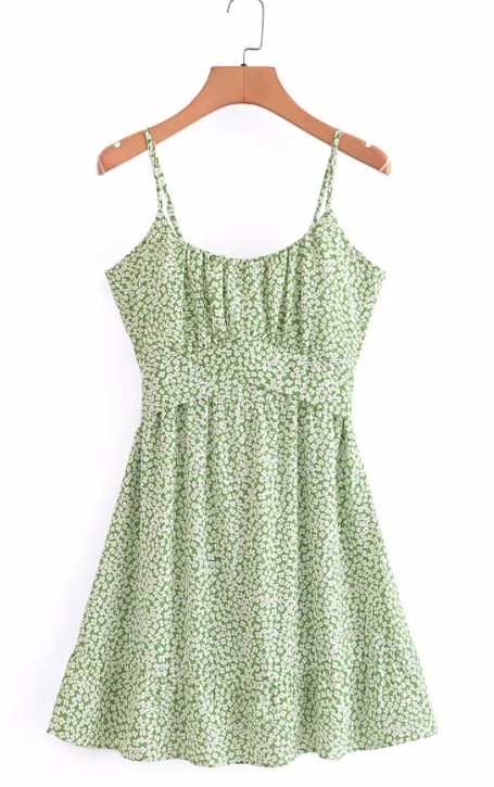 Lalaine Green Floral Print Sleeveless Dainty Mini Dress
