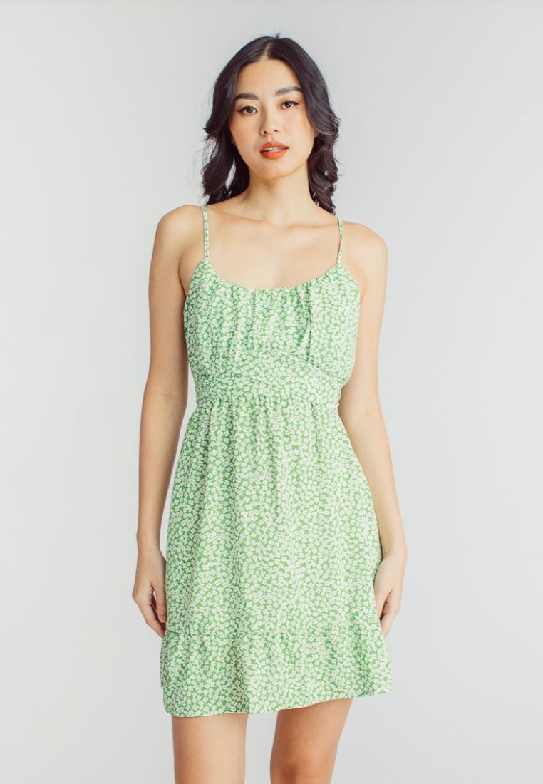 Lalaine Green Floral Print Sleeveless Dainty Mini Dress