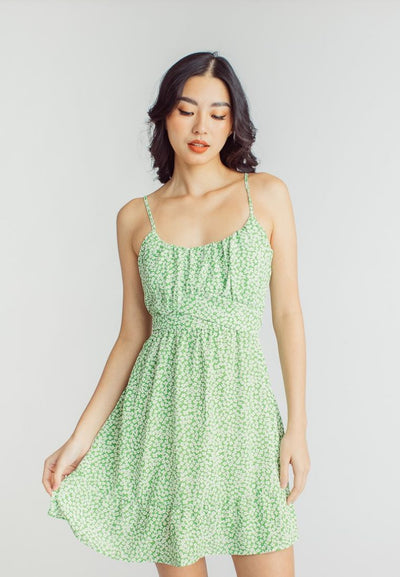 Lalaine Green Floral Print Sleeveless Dainty Mini Dress