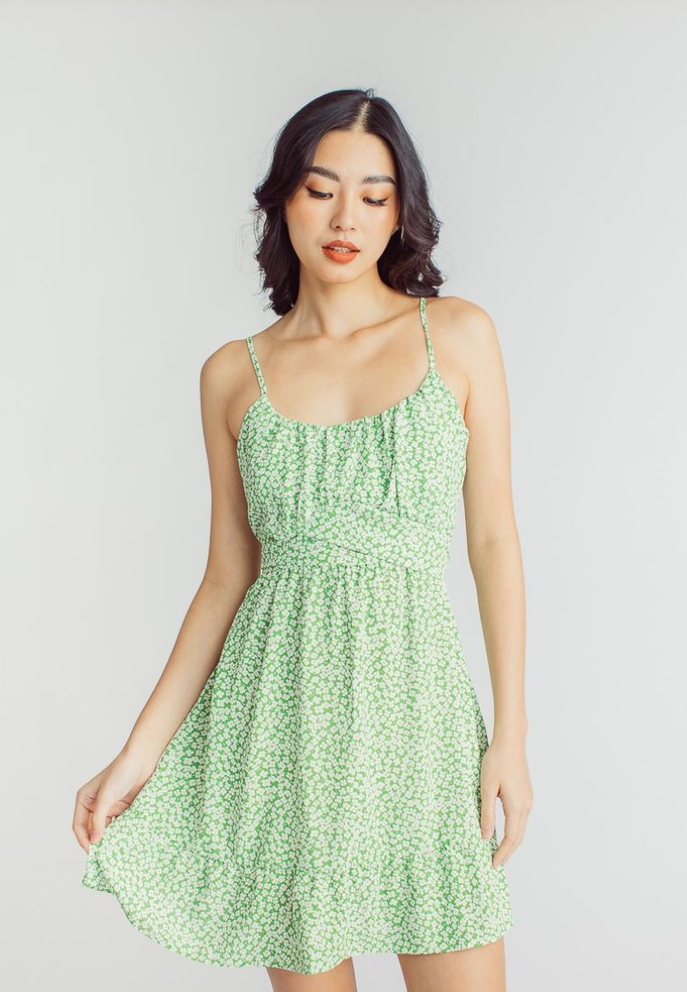 Lalaine Green Floral Print Sleeveless Dainty Mini Dress