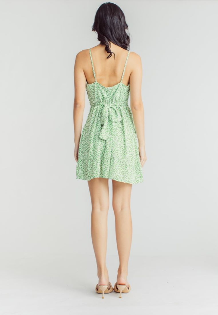 Lalaine Green Floral Print Sleeveless Dainty Mini Dress