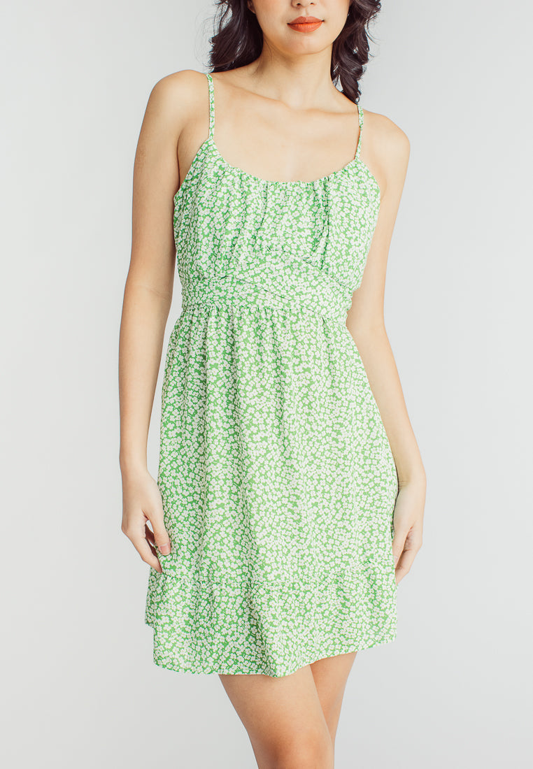 Lalaine Green Floral Print Sleeveless Dainty Mini Dress