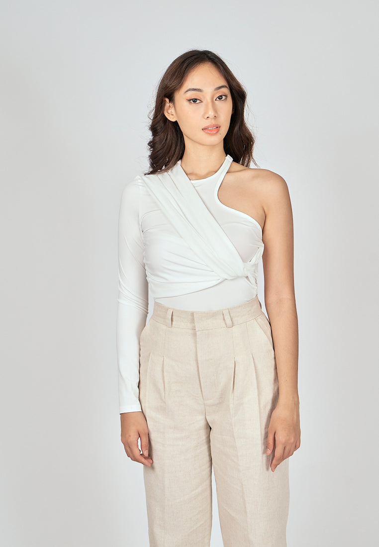 Exid White One Side Long Sleeves Twist Details Bodysuit