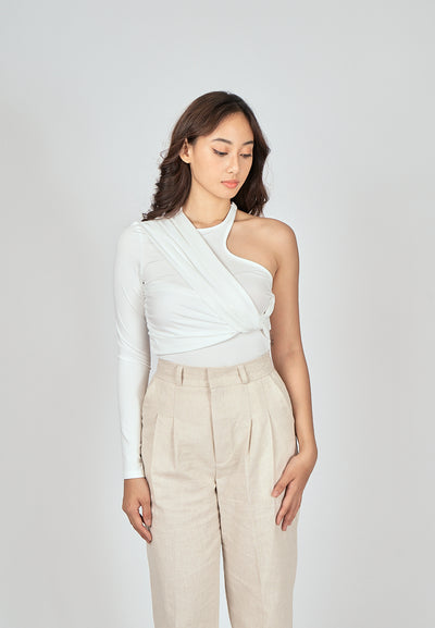 Exid White One Side Long Sleeves Twist Details Bodysuit