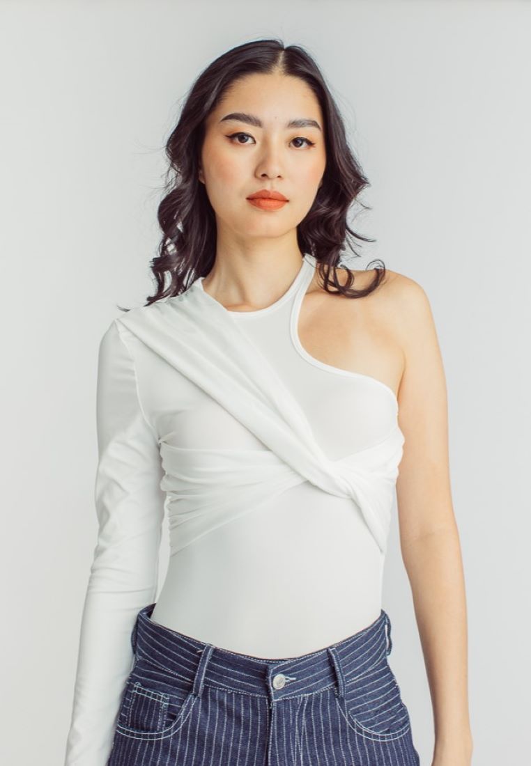 Exid White One Side Long Sleeves Twist Details Bodysuit
