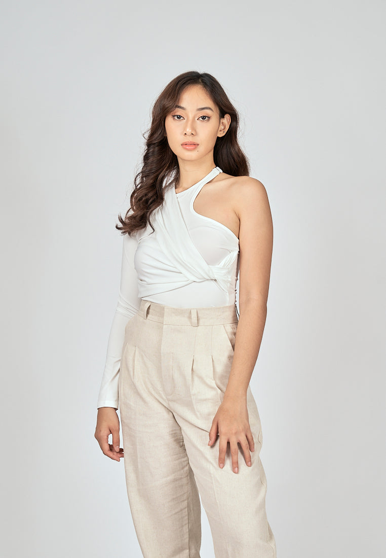 Exid White One Side Long Sleeves Twist Details Bodysuit