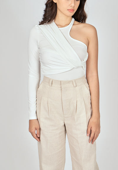 Exid White One Side Long Sleeves Twist Details Bodysuit