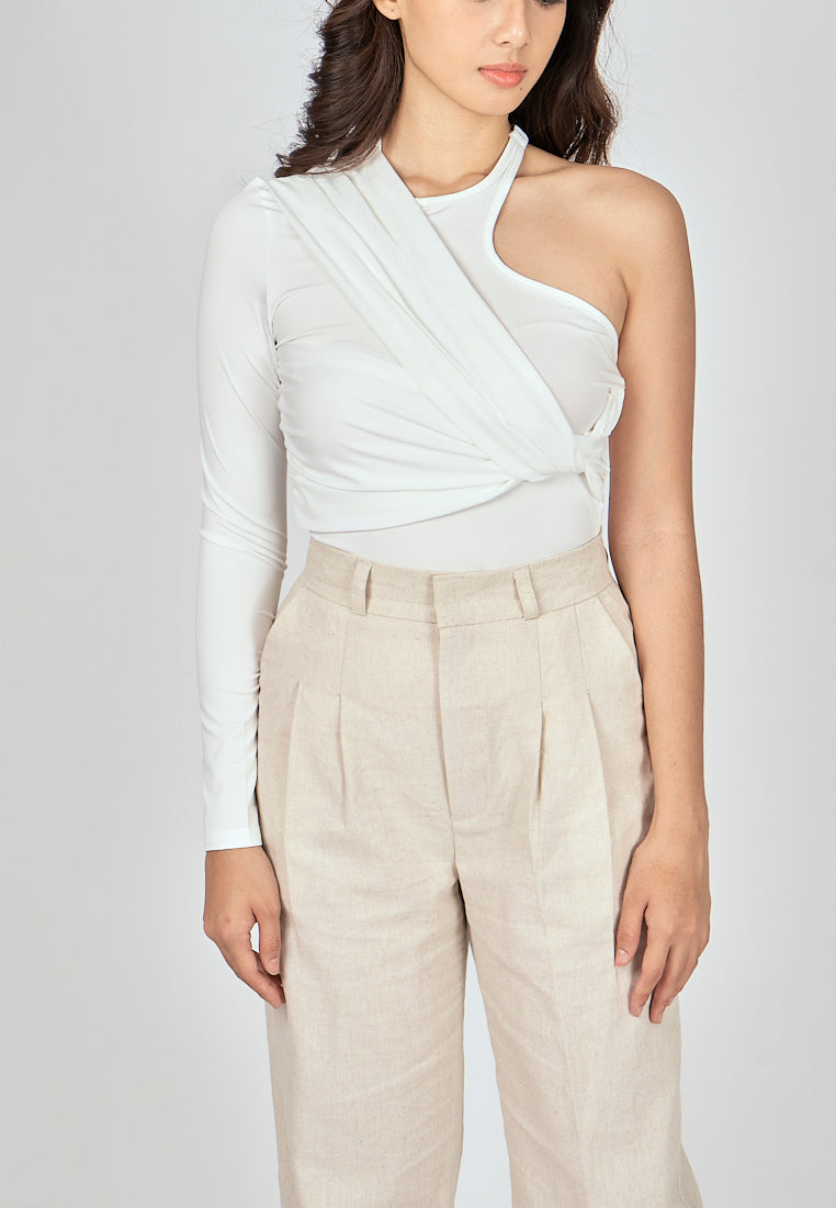 Exid White One Side Long Sleeves Twist Details Bodysuit