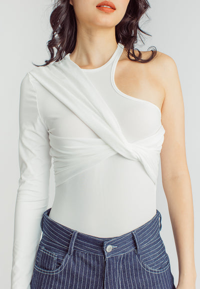 Exid White One Side Long Sleeves Twist Details Bodysuit