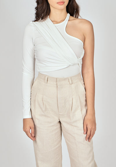Exid White One Side Long Sleeves Twist Details Bodysuit