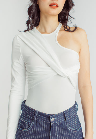 Exid White One Side Long Sleeves Twist Details Bodysuit