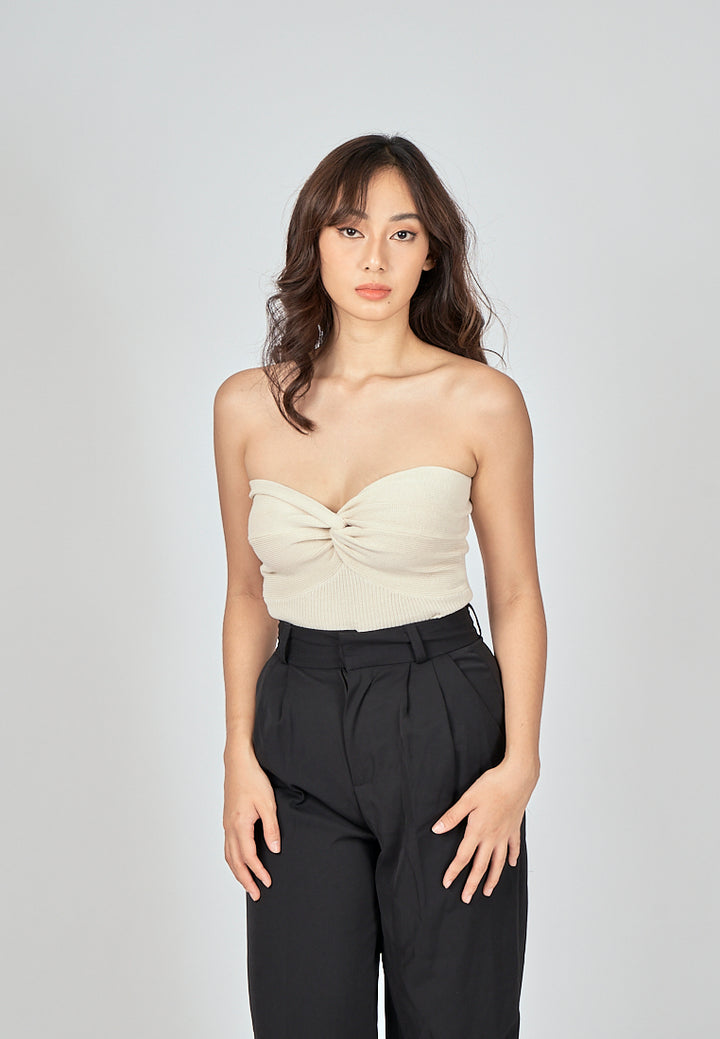 Paige Beige Knitted Sweetheart Neckline Twisted Bust Tube Top