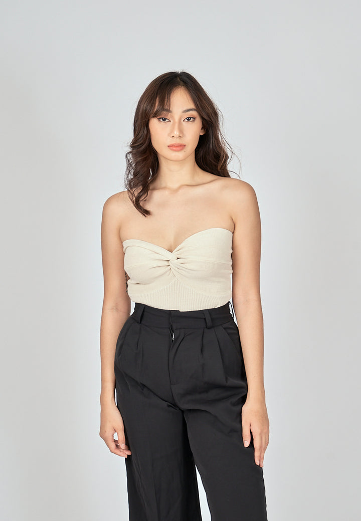 Paige Beige Knitted Sweetheart Neckline Twisted Bust Tube Top