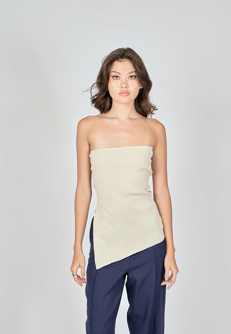 Ramona Beige Knitted Asymmetric Hem Side Slit Tube Long Top
