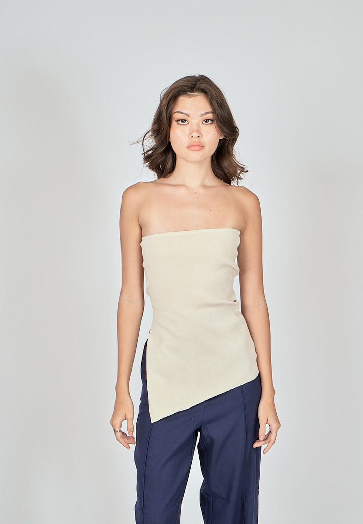 Ramona Beige Knitted Asymmetric Hem Side Slit Tube Long Top