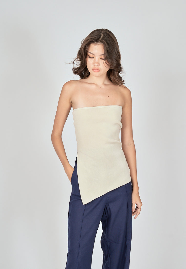 Ramona Beige Knitted Asymmetric Hem Side Slit Tube Long Top