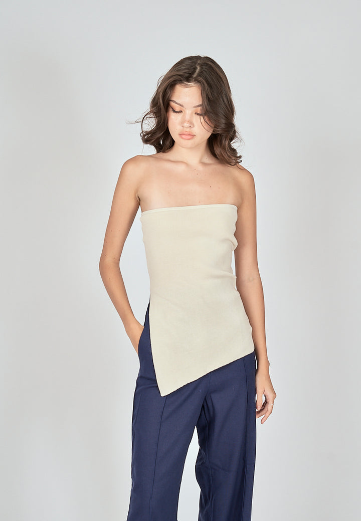 Ramona Beige Knitted Asymmetric Hem Side Slit Tube Long Top