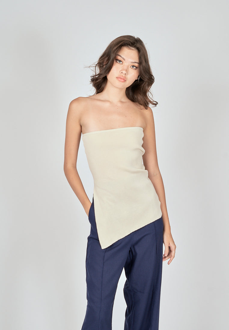 Ramona Beige Knitted Asymmetric Hem Side Slit Tube Long Top