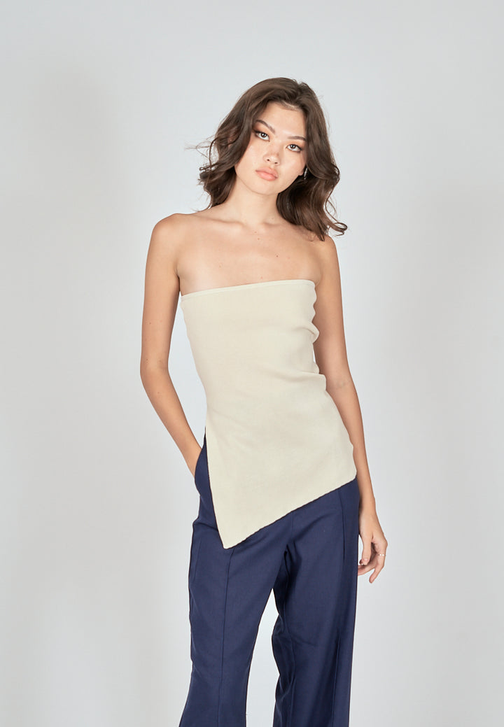 Ramona Beige Knitted Asymmetric Hem Side Slit Tube Long Top
