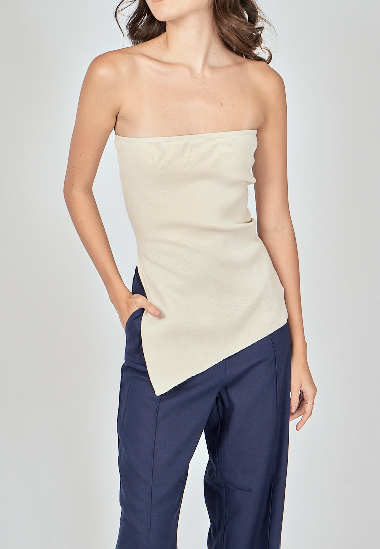 Ramona Beige Knitted Asymmetric Hem Side Slit Tube Long Top
