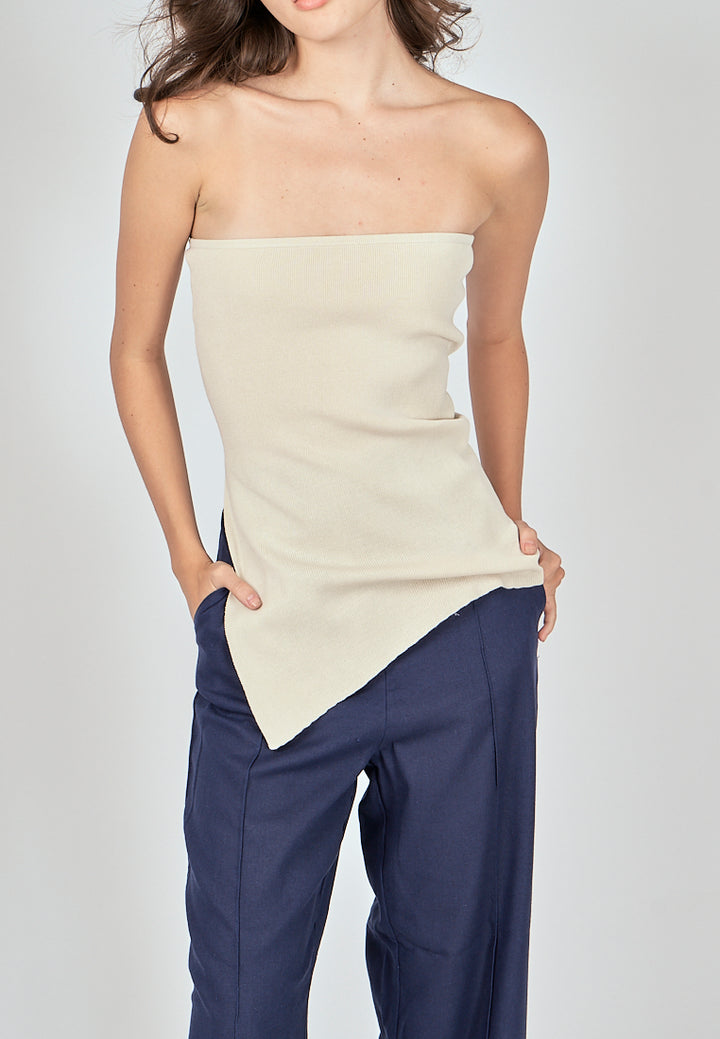 Ramona Beige Knitted Asymmetric Hem Side Slit Tube Long Top