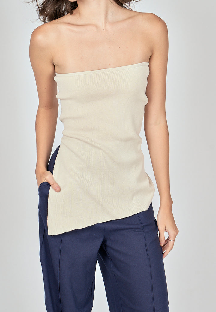 Ramona Beige Knitted Asymmetric Hem Side Slit Tube Long Top