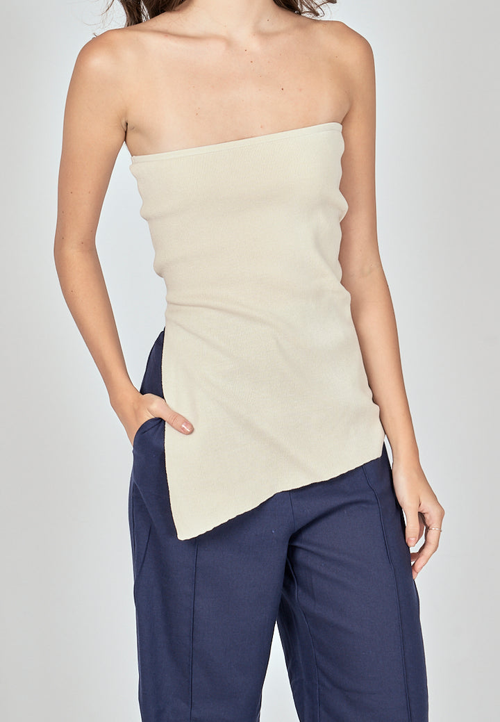 Ramona Beige Knitted Asymmetric Hem Side Slit Tube Long Top