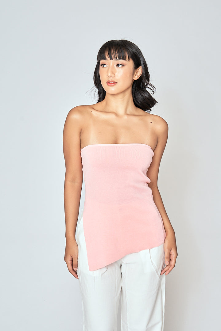 Ramona Pink Knitted Asymmetric Hem Side Slit Tube Long Top