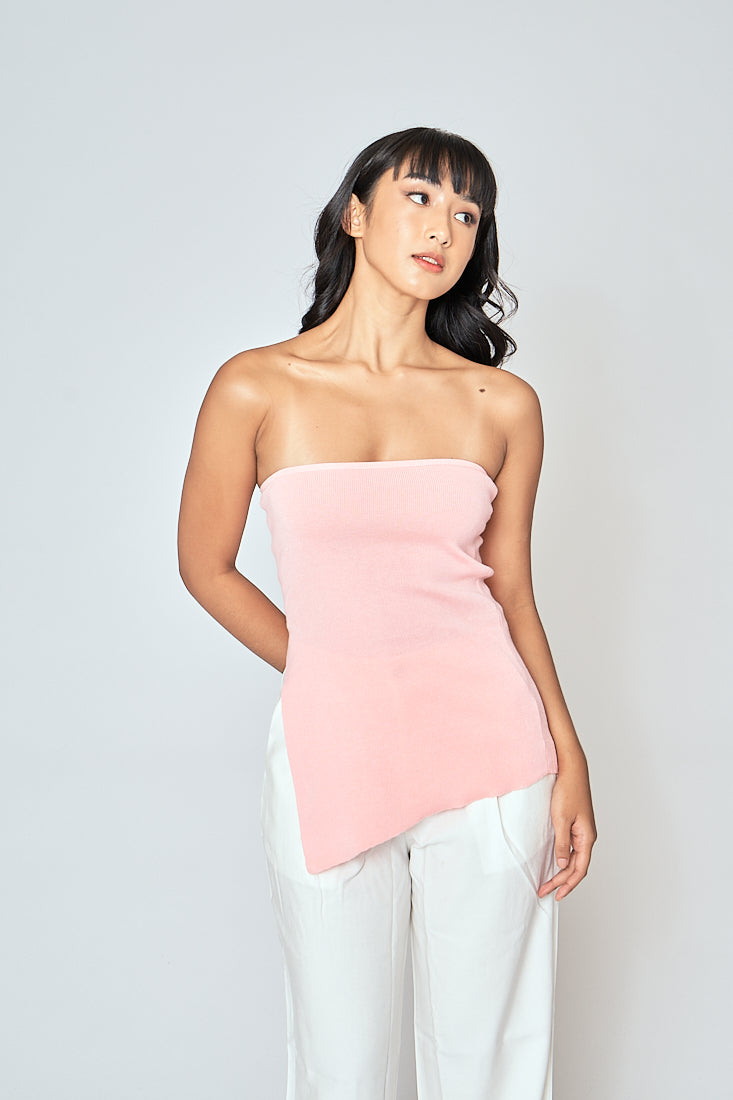 Ramona Pink Knitted Asymmetric Hem Side Slit Tube Long Top