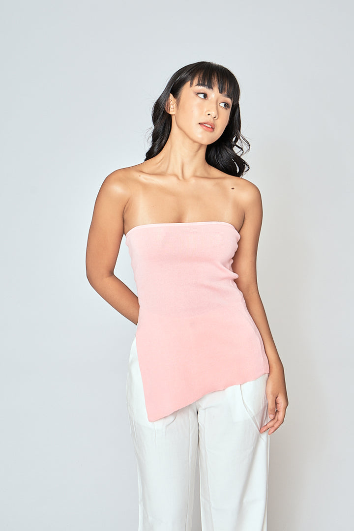 Ramona Pink Knitted Asymmetric Hem Side Slit Tube Long Top